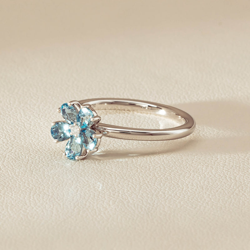 18ct White Gold Aquamarine & Diamond Forget-Me-Not Ring - Ring - Walker & Hall