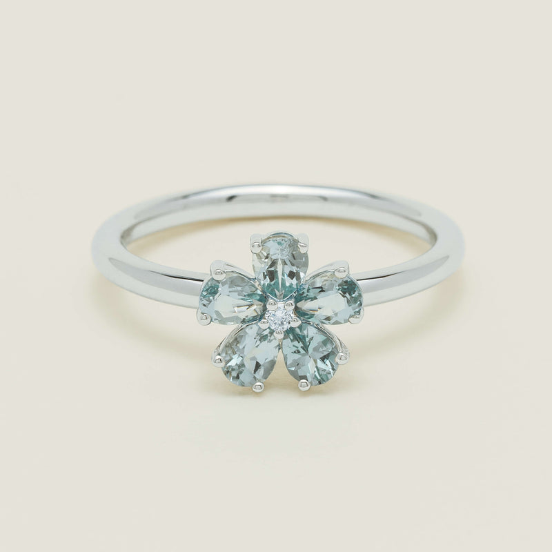 18ct White Gold Aquamarine & Diamond Forget-Me-Not Ring - Ring - Walker & Hall