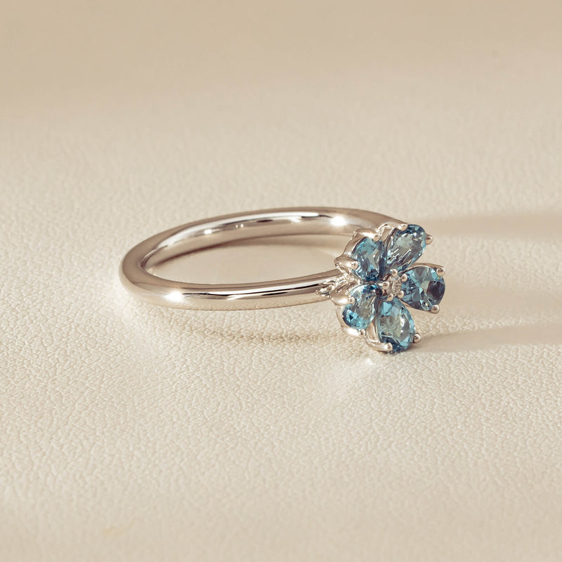 18ct White Gold Aquamarine & Diamond Forget-Me-Not Ring - Ring - Walker & Hall