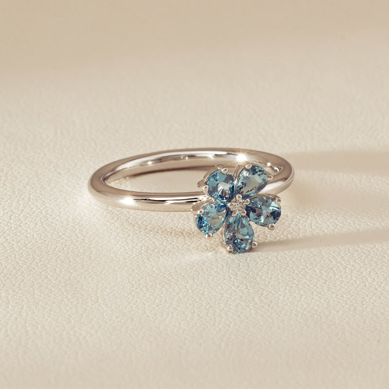 18ct White Gold Aquamarine & Diamond Forget-Me-Not Ring - Ring - Walker & Hall