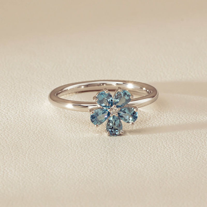 18ct White Gold Aquamarine & Diamond Forget-Me-Not Ring - Ring - Walker & Hall