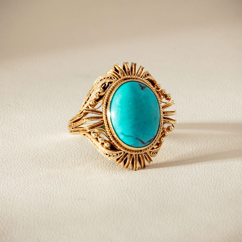 Deja Vu 14ct Yellow Gold Oval Turquoise Filigree Ring