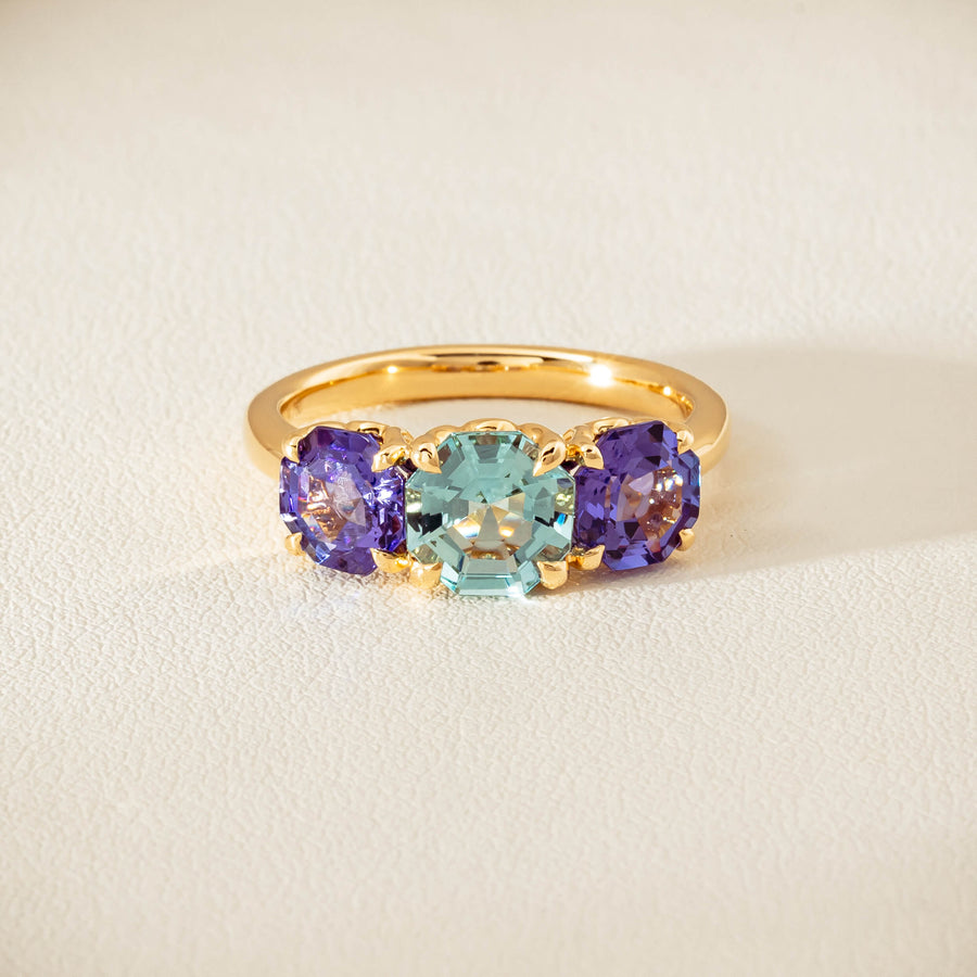 18ct Yellow Gold Aquamarine & Tanzanite Three Stone Octavia Ring - Ring - Walker & Hall