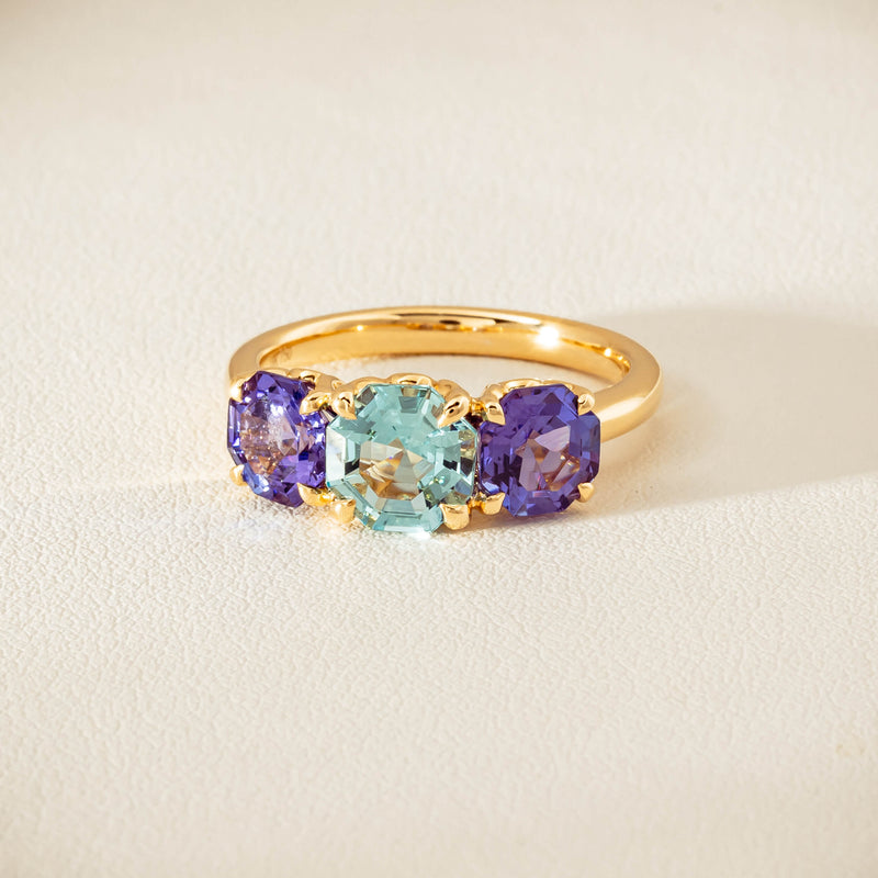 18ct Yellow Gold Aquamarine & Tanzanite Three Stone Octavia Ring - Ring - Walker & Hall