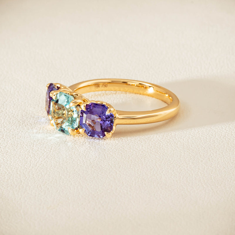 18ct Yellow Gold Aquamarine & Tanzanite Three Stone Octavia Ring - Ring - Walker & Hall