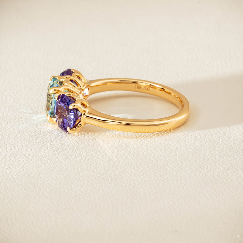 18ct Yellow Gold Aquamarine & Tanzanite Three Stone Octavia Ring - Ring - Walker & Hall