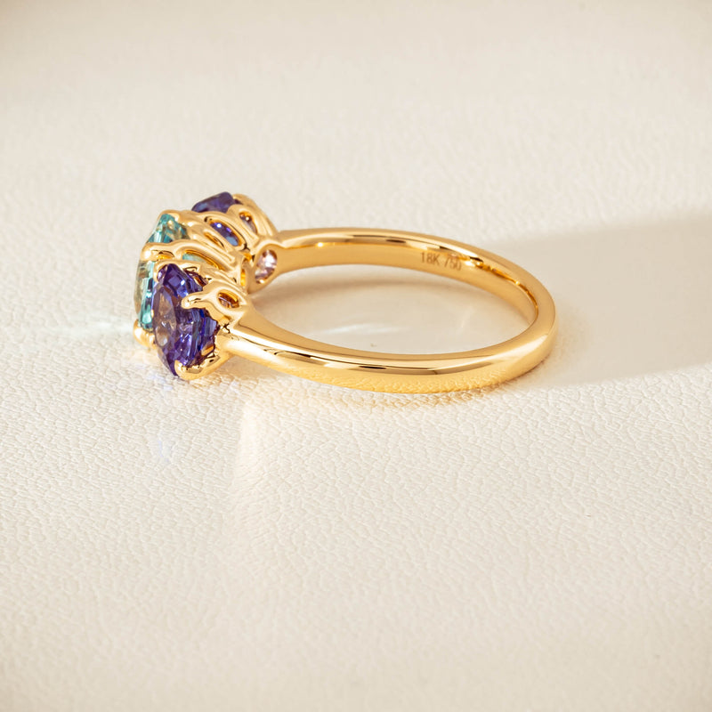 18ct Yellow Gold Aquamarine & Tanzanite Three Stone Octavia Ring - Ring - Walker & Hall
