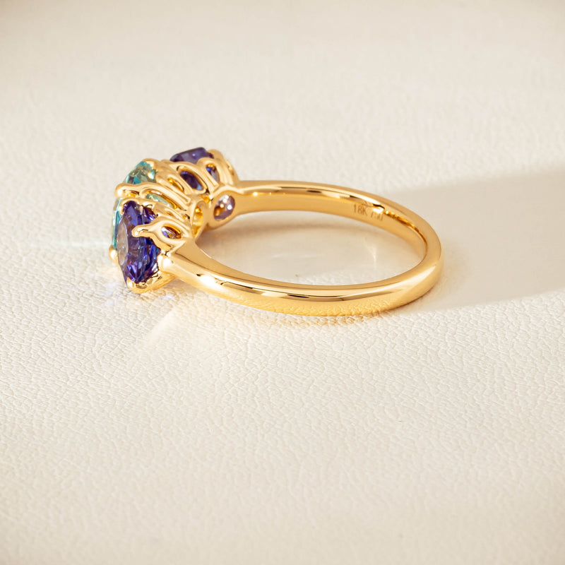 18ct Yellow Gold Aquamarine & Tanzanite Three Stone Octavia Ring - Ring - Walker & Hall