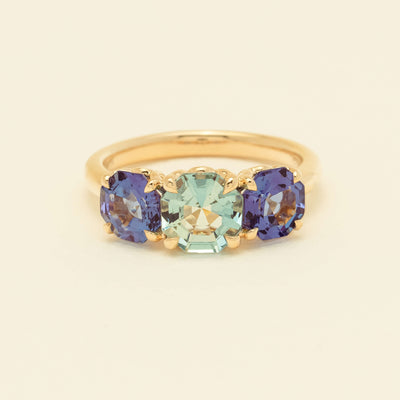 18ct Yellow Gold Aquamarine & Tanzanite Three Stone Octavia Ring - Ring - Walker & Hall