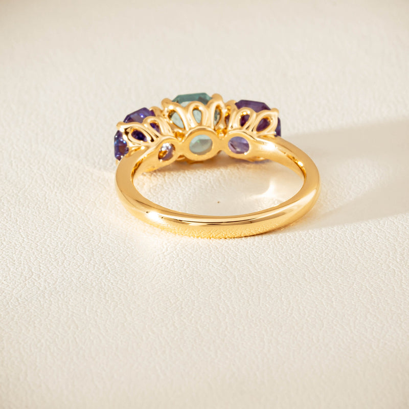 18ct Yellow Gold Aquamarine & Tanzanite Three Stone Octavia Ring - Ring - Walker & Hall
