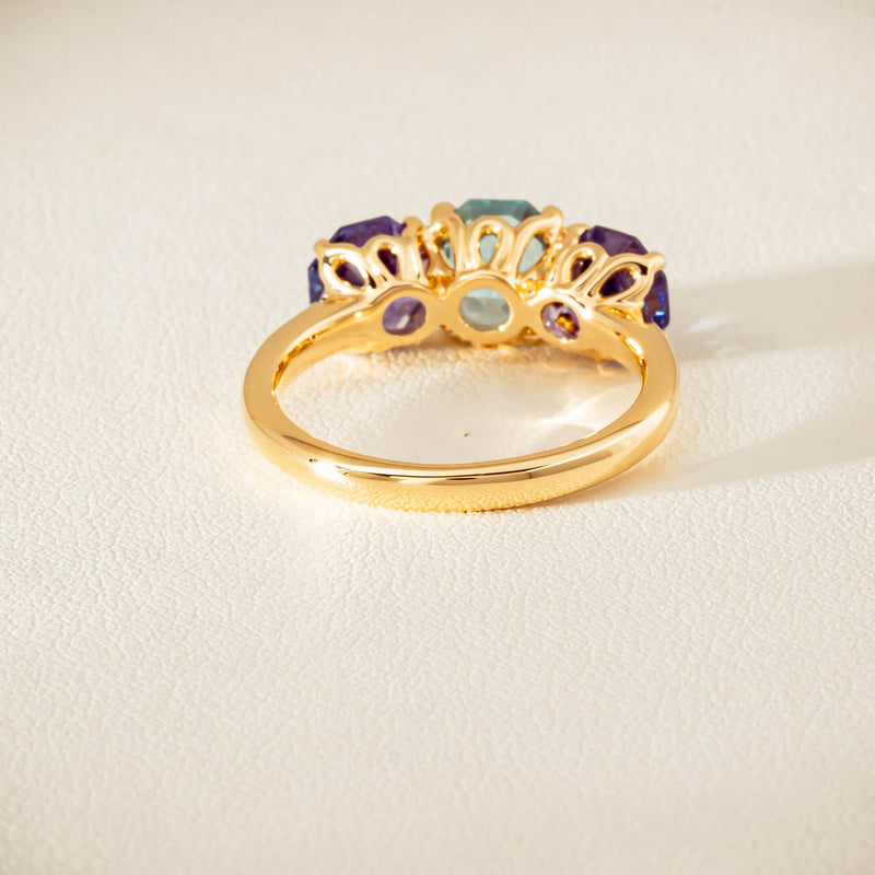 18ct Yellow Gold Aquamarine & Tanzanite Three Stone Octavia Ring - Ring - Walker & Hall