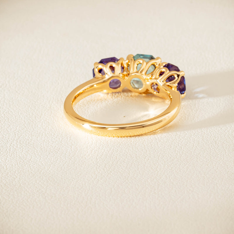 18ct Yellow Gold Aquamarine & Tanzanite Three Stone Octavia Ring - Ring - Walker & Hall