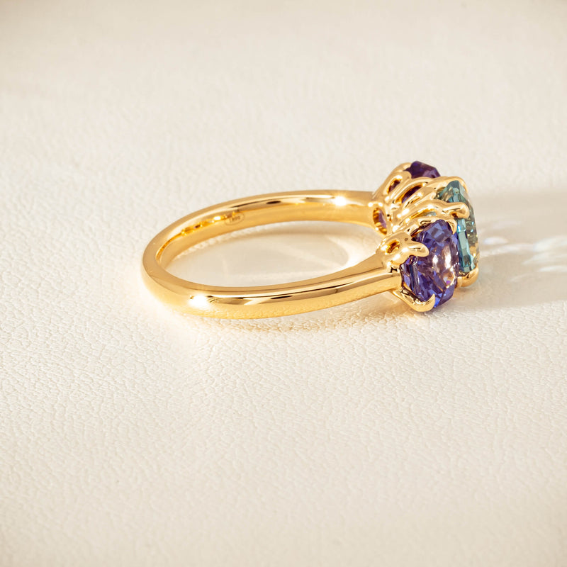 18ct Yellow Gold Aquamarine & Tanzanite Three Stone Octavia Ring - Ring - Walker & Hall