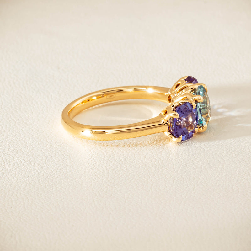 18ct Yellow Gold Aquamarine & Tanzanite Three Stone Octavia Ring - Ring - Walker & Hall