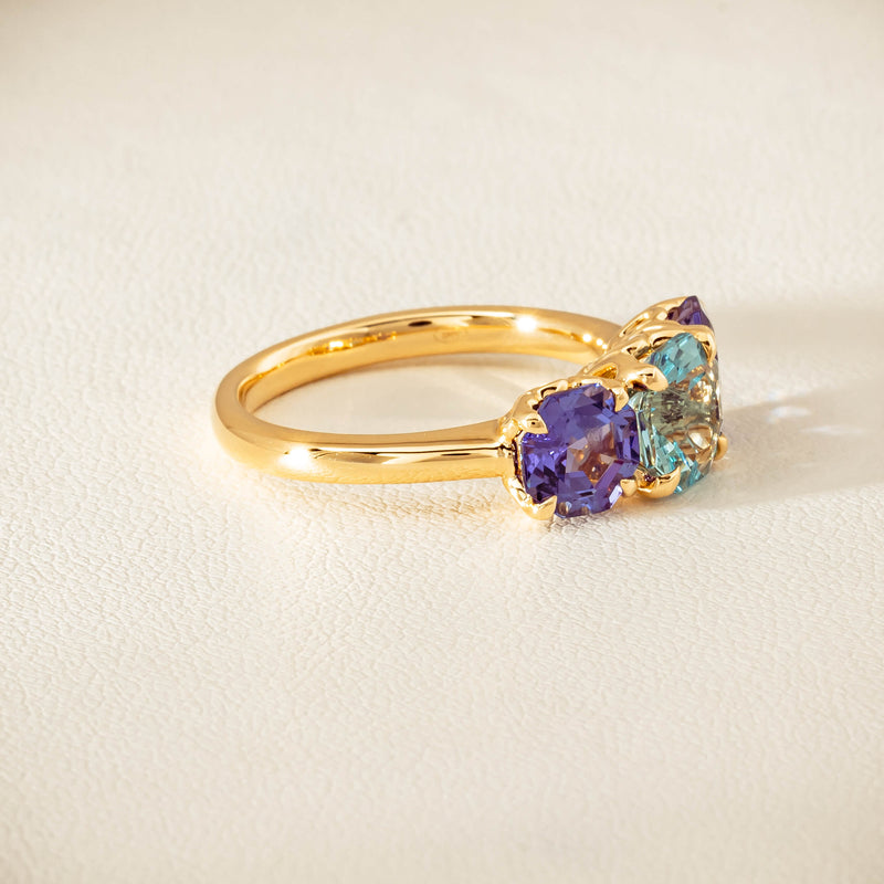 18ct Yellow Gold Aquamarine & Tanzanite Three Stone Octavia Ring - Ring - Walker & Hall