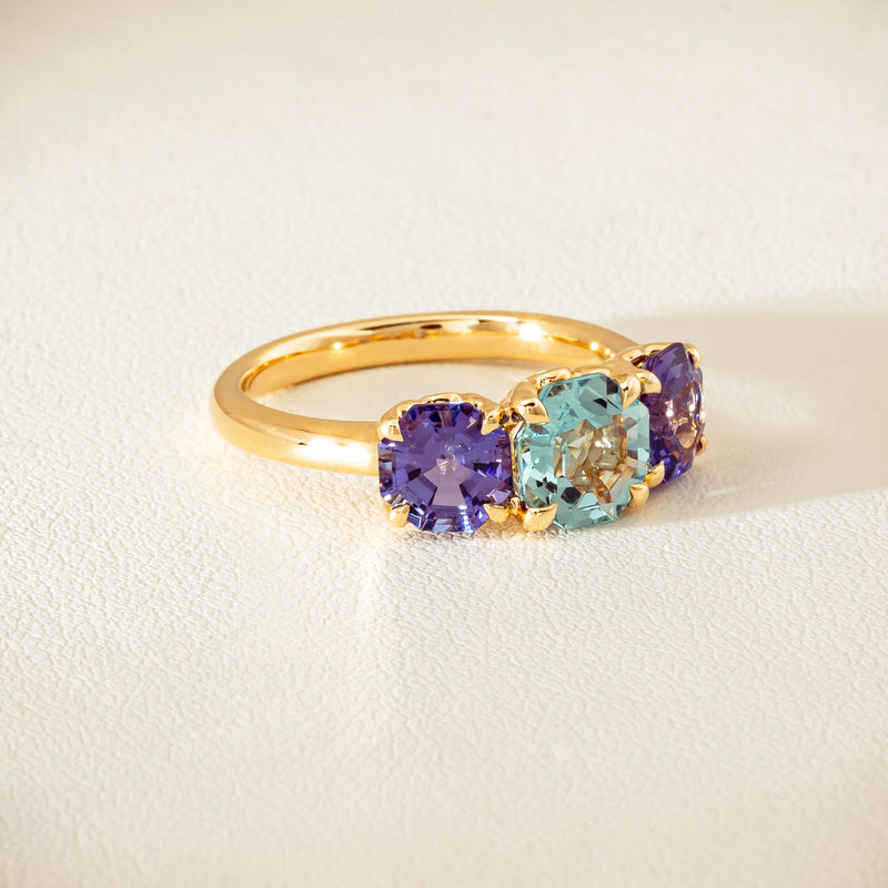 18ct Yellow Gold Aquamarine & Tanzanite Three Stone Octavia Ring - Ring - Walker & Hall
