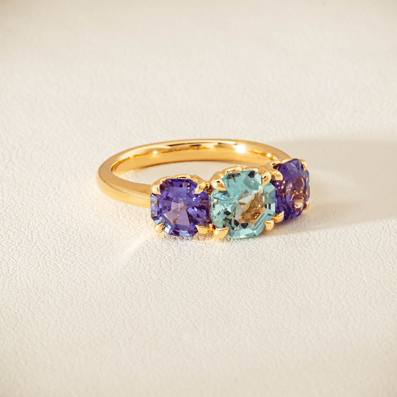 18ct Yellow Gold Aquamarine & Tanzanite Three Stone Octavia Ring - Ring - Walker & Hall