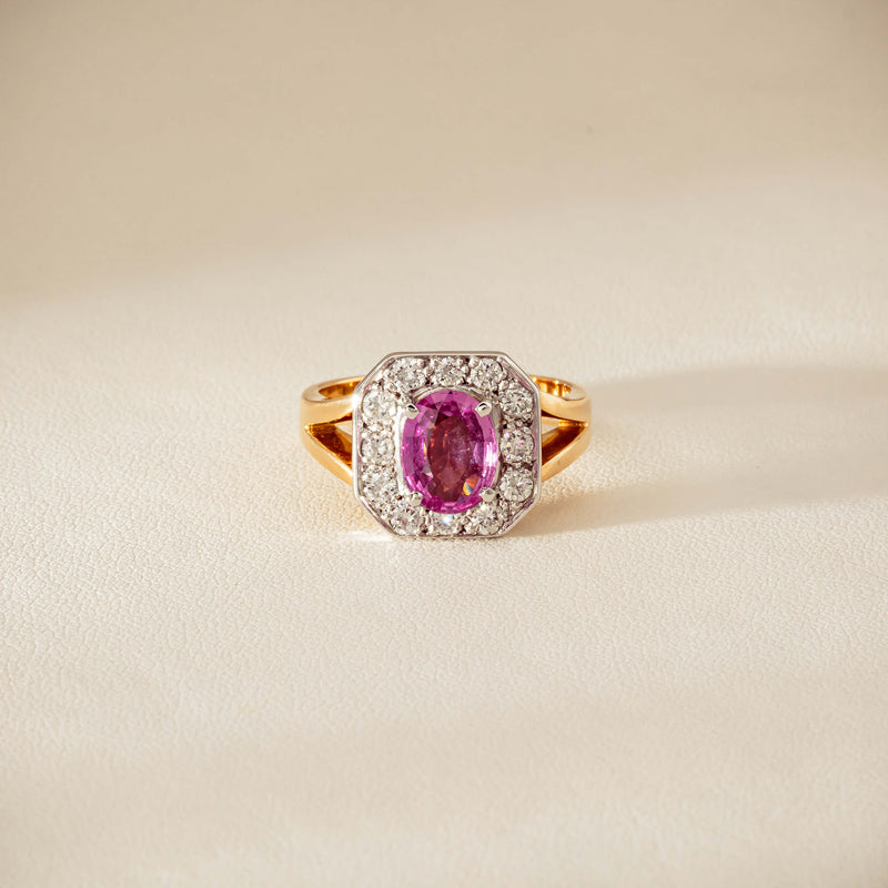 Deja Vu 18ct Yellow Gold 2.00ct Pink Sapphire Halo Ring - Ring - Walker & Hall