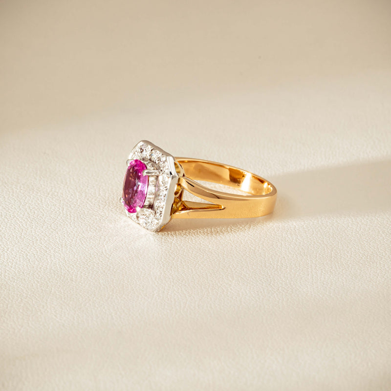 Deja Vu 18ct Yellow Gold 2.00ct Pink Sapphire Halo Ring - Ring - Walker & Hall