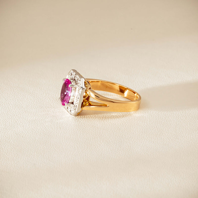 Deja Vu 18ct Yellow Gold 2.00ct Pink Sapphire Halo Ring - Ring - Walker & Hall