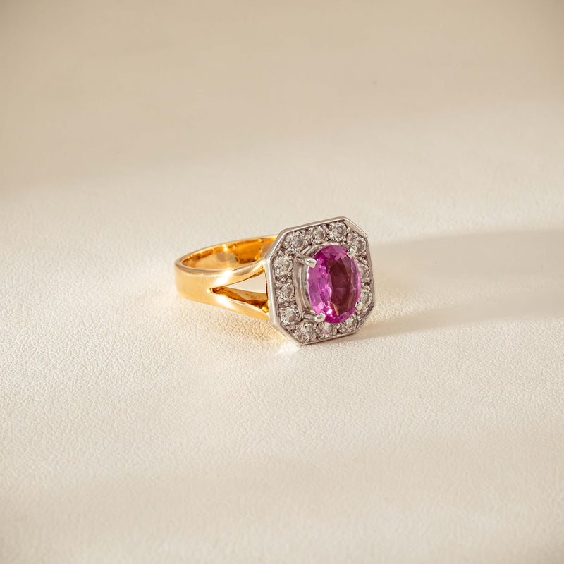 Deja Vu 18ct Yellow Gold 2.00ct Pink Sapphire Halo Ring - Ring - Walker & Hall