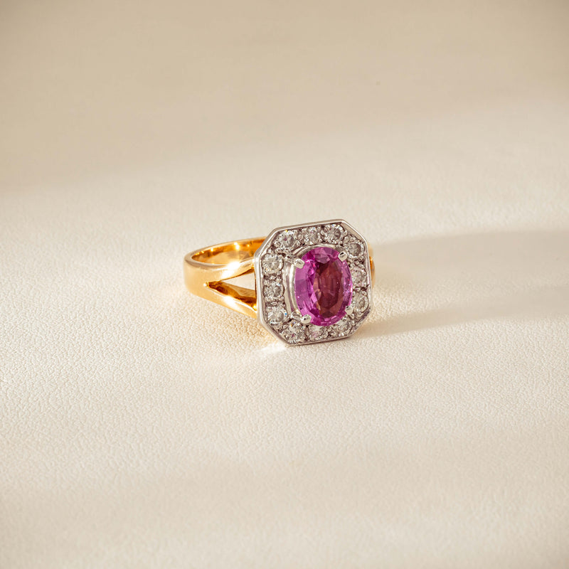 Deja Vu 18ct Yellow Gold 2.00ct Pink Sapphire Halo Ring - Ring - Walker & Hall