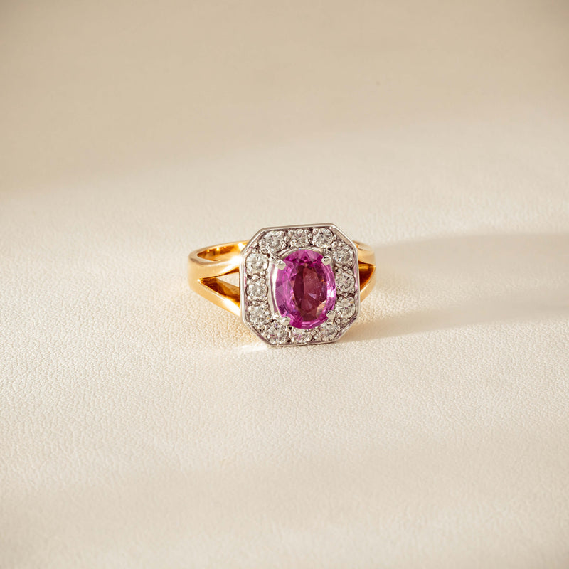 Deja Vu 18ct Yellow Gold 2.00ct Pink Sapphire Halo Ring - Ring - Walker & Hall