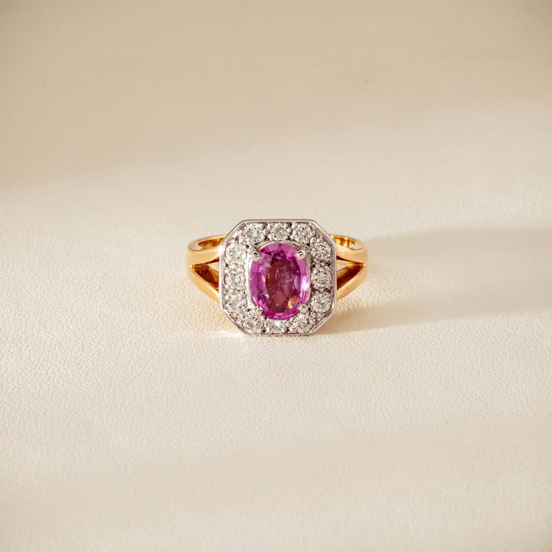 Deja Vu 18ct Yellow Gold 2.00ct Pink Sapphire Halo Ring - Ring - Walker & Hall