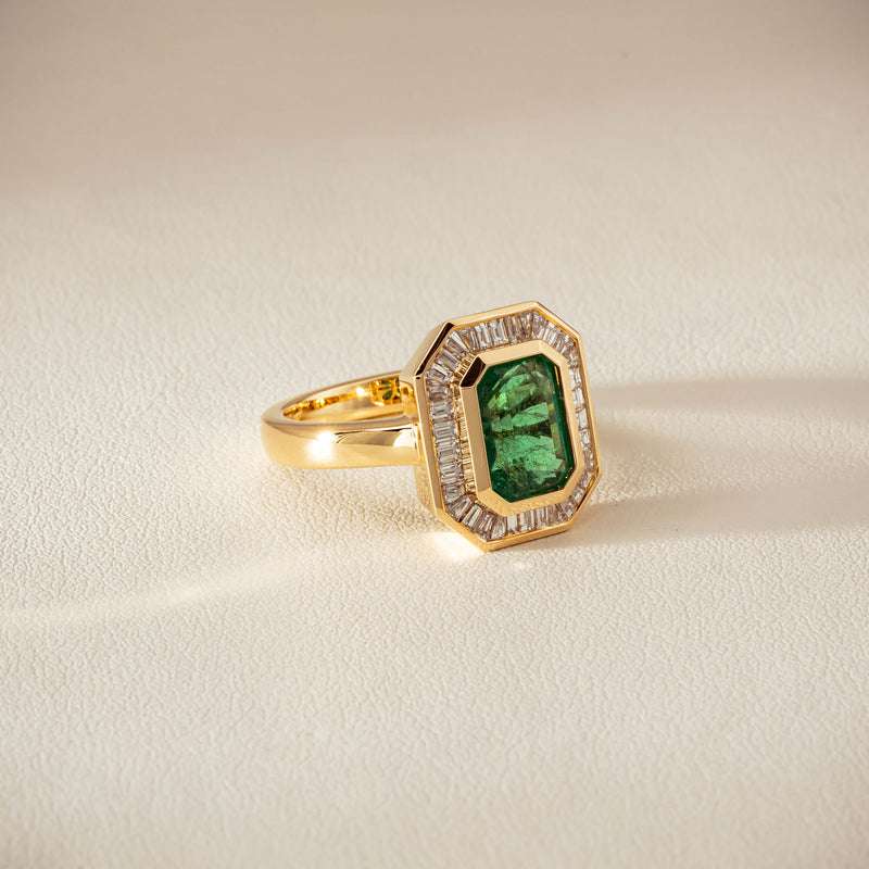 18ct Yellow Gold 2.26ct Emerald & Diamond Halo Ring