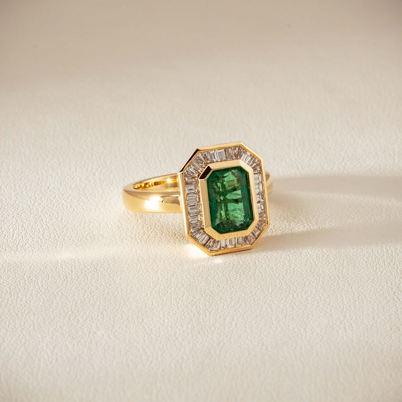 18ct Yellow Gold 2.26ct Emerald & Diamond Halo Ring