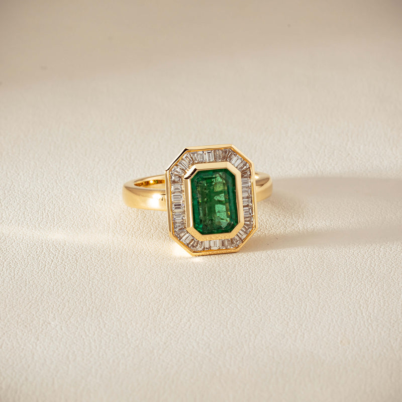 18ct Yellow Gold 2.26ct Emerald & Diamond Halo Ring