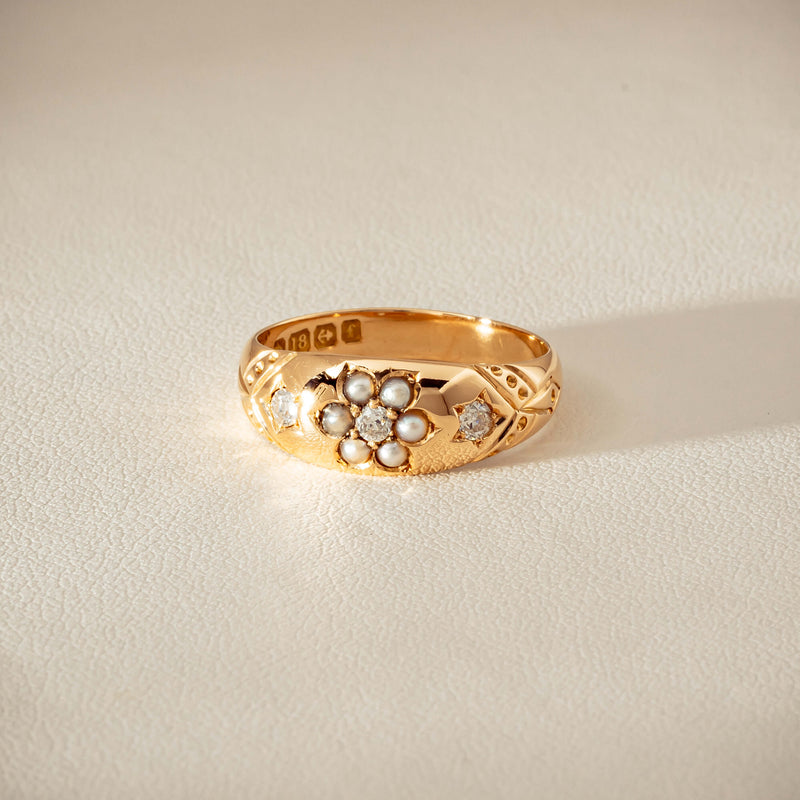 Vintage 18ct Yellow Gold Diamond & Seed Pearl Ring - Ring - Walker & Hall