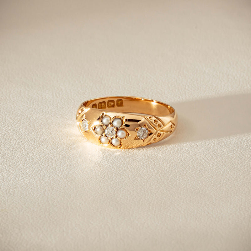 Vintage 18ct Yellow Gold Diamond & Seed Pearl Ring - Ring - Walker & Hall