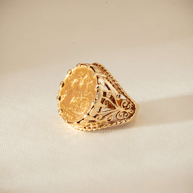 Vintage 9ct Yellow Gold Ring with 22ct Half Sovereign 1973 - Ring - Walker & Hall