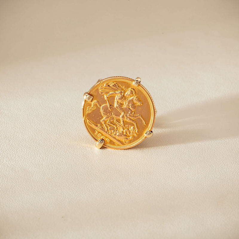 Vintage 9ct Yellow Gold Ring with 22ct Full Sovereign 1968 - Ring - Walker & Hall