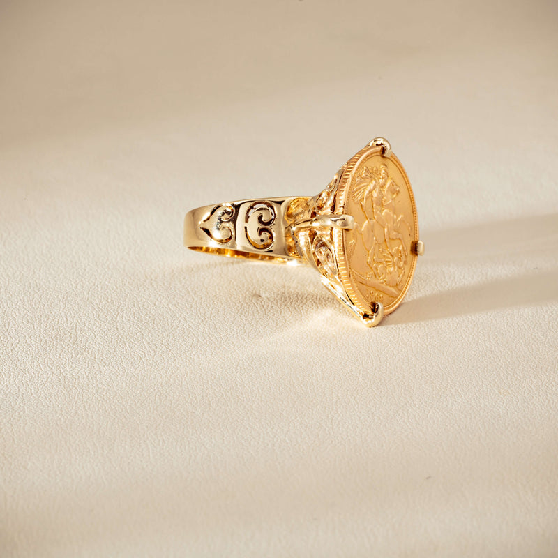 Vintage 9ct Yellow Gold Ring with 22ct Full Sovereign 1968 - Ring - Walker & Hall