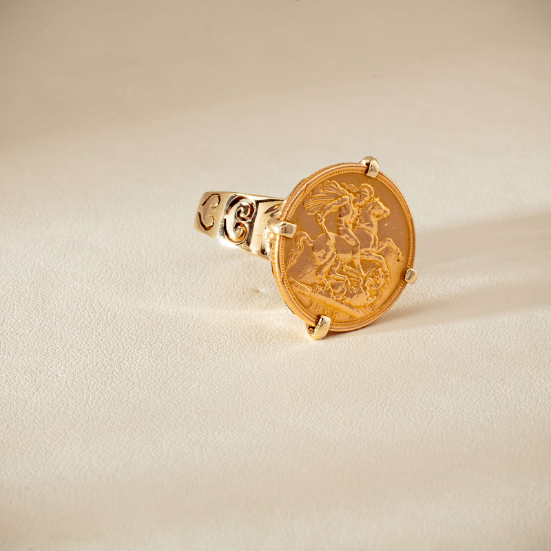 Vintage 9ct Yellow Gold Ring with 22ct Full Sovereign 1968 - Ring - Walker & Hall