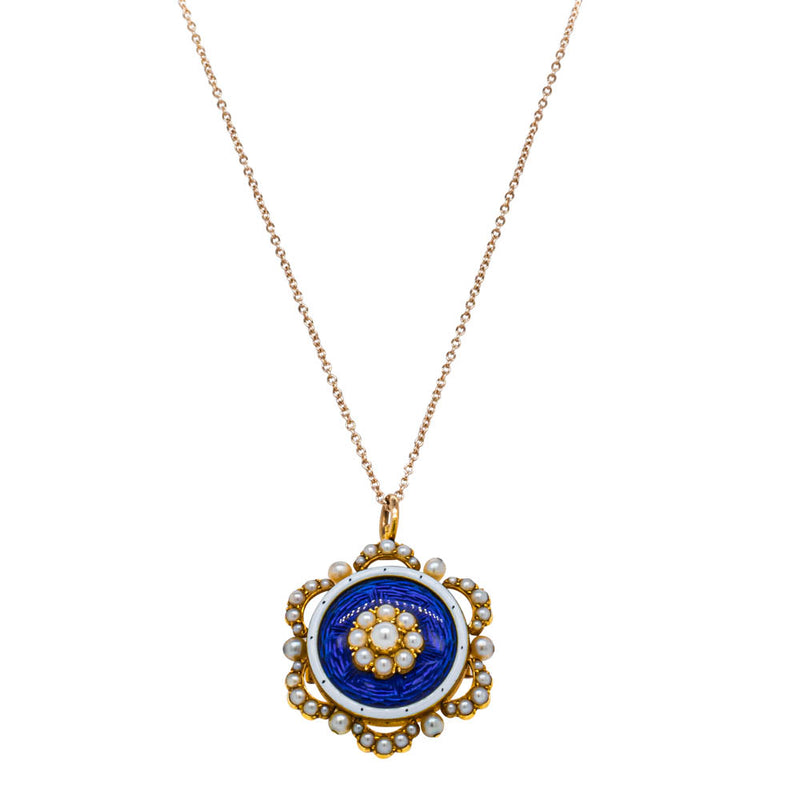 Vintage 15ct Yellow Gold Enamel & Seed Pearl Pendant-Necklace-Walker & Hall