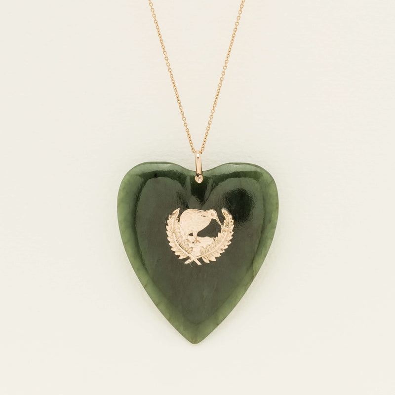 Vintage 9ct Yellow Gold Greenstone Heart With Kiwi Pendant - Necklace - Walker & Hall