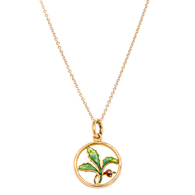 Vintage 9ct Yellow Gold Enamel Leaf Pendant-Necklace-Walker & Hall