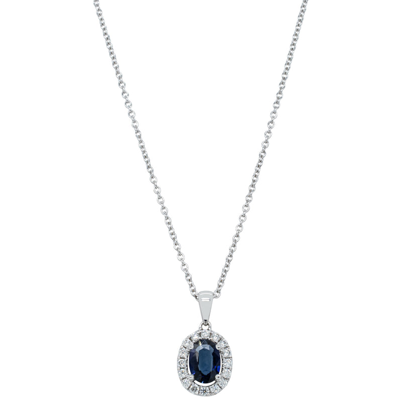 18ct White Gold Sapphire & Diamond Halo Pendant-Necklace-Walker & Hall