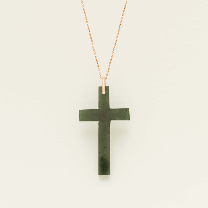 Vintage 9ct Rose Gold Greenstone Cross Pendant - Necklace - Walker & Hall