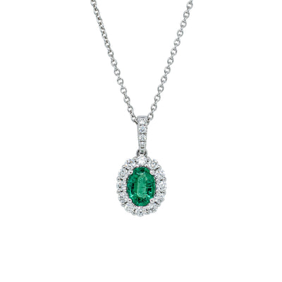 18ct White Gold .63ct Emerald & Diamond Halo Pendant-Necklace-Walker & Hall
