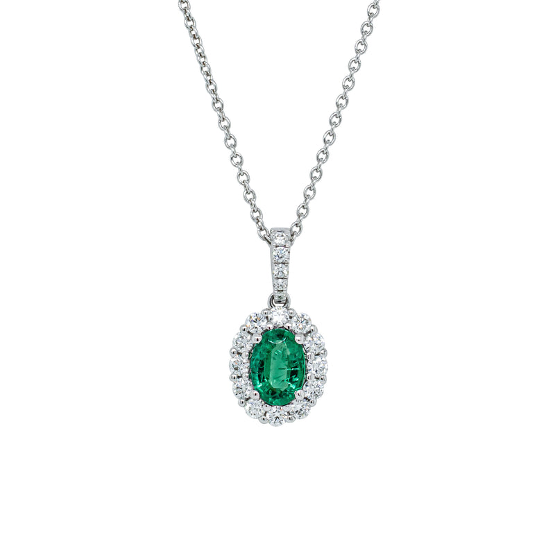 18ct White Gold .63ct Emerald & Diamond Halo Pendant-Necklace-Walker & Hall