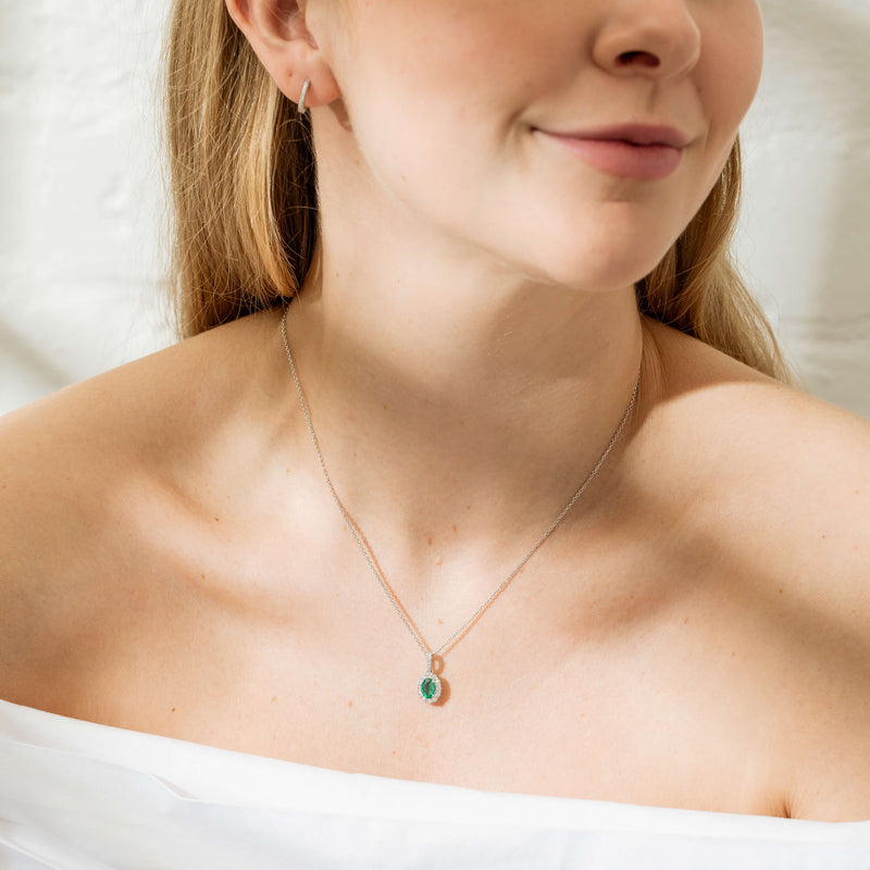 18ct White Gold .63ct Emerald & Diamond Halo Pendant-Necklace-Walker & Hall