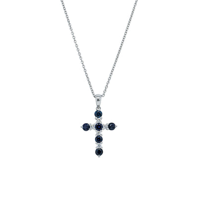 18ct White Gold Sapphire & Diamond Cross Pendant-Necklace-Walker & Hall