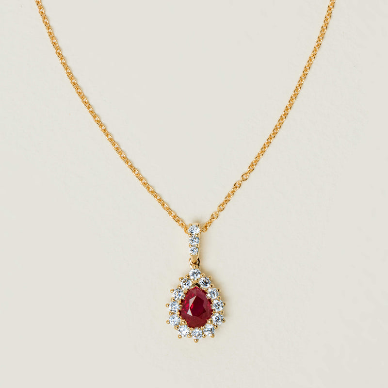 18ct Yellow Gold 1.10ct Pear Ruby & Diamond Belle Pendant - Necklace - Walker & Hall