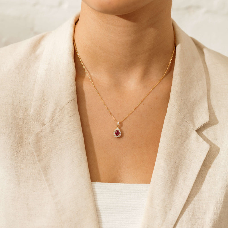 18ct Yellow Gold 1.10ct Pear Ruby & Diamond Belle Pendant - Necklace - Walker & Hall
