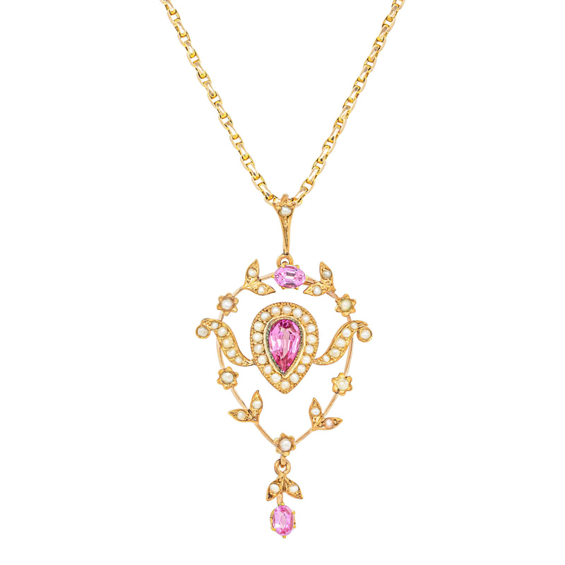 Vintage 9ct Yellow Gold Synthetic Pink Stones & Seed Pearl Pendant - Necklace - Walker & Hall