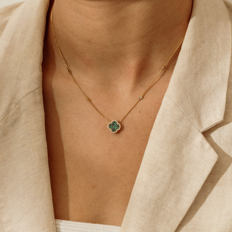 18ct Yellow Gold .93ct Emerald & Diamond Quatrefoil Pendant - Necklace - Walker & Hall